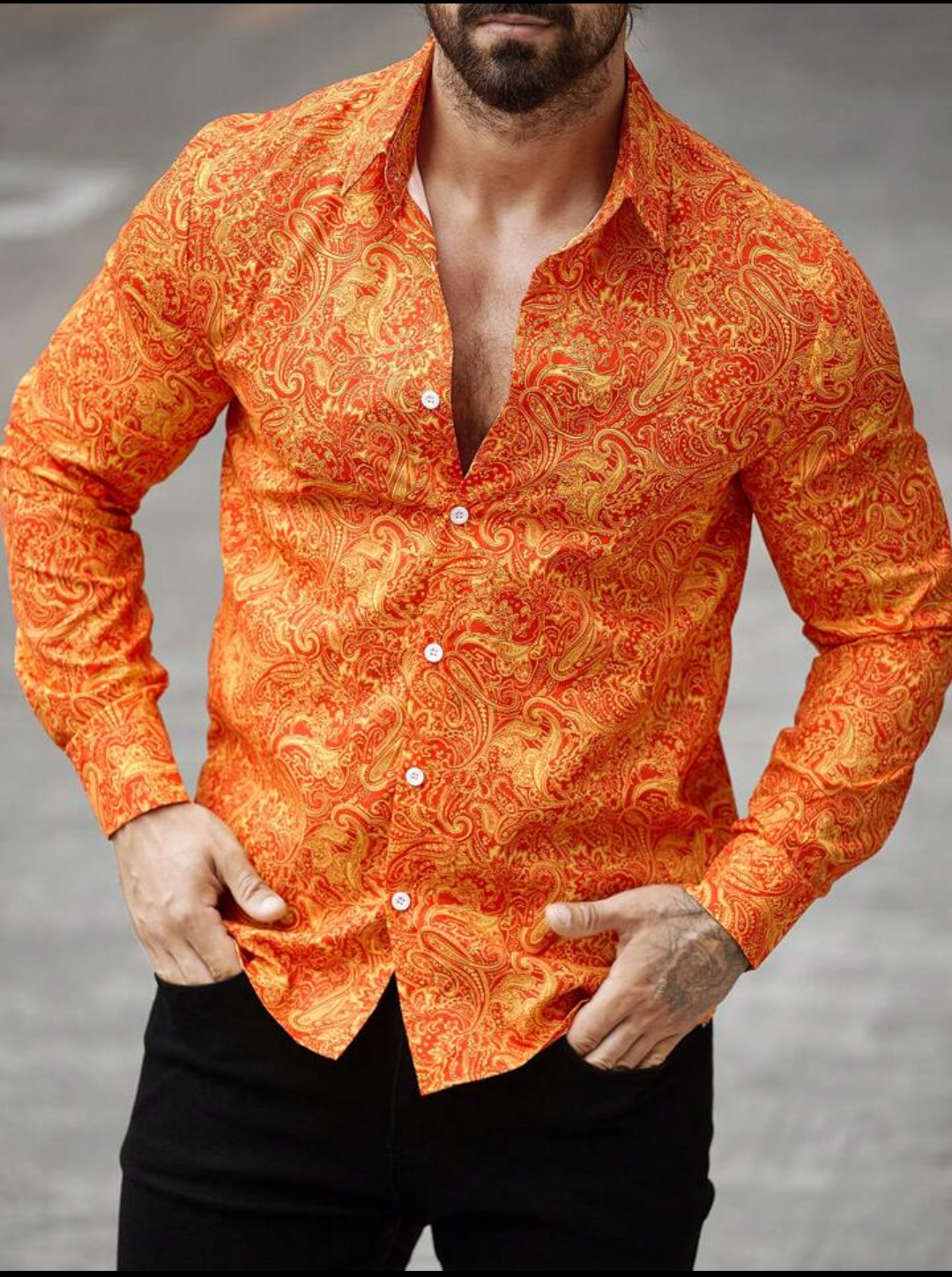 Men’s Solar Flare Paisley Button-Down – Radiant Orange & Gold Long-Sleeve Artisan Shirt