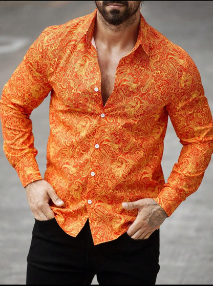 Men’s Solar Flare Paisley Button-Down – Radiant Orange & Gold Long-Sleeve Artisan Shirt