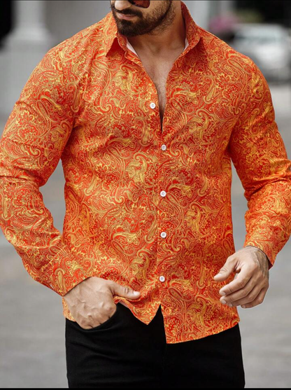 Men’s Solar Flare Paisley Button-Down – Radiant Orange & Gold Long-Sleeve Artisan Shirt