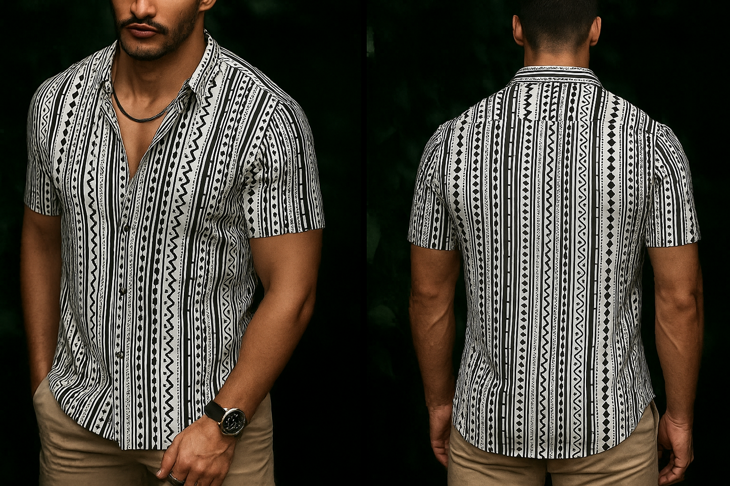 Men’s Artisan Stripe Motif Button-Down – Ivory & Onyx Geometric Short-Sleeve Heritage Shirt