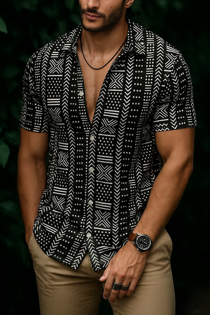 Men’s Tribal Geometric Motif Button-Down – Onyx & Ivory Short-Sleeve Heritage Print Shirt