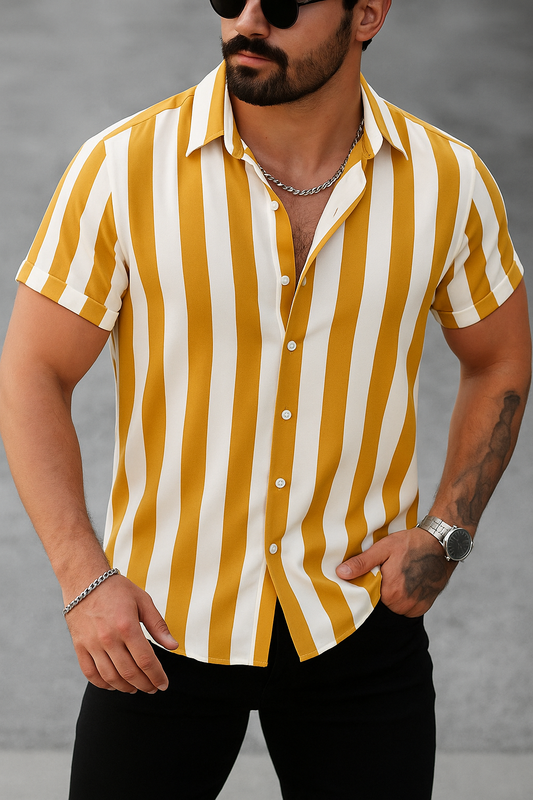Yellow & White Striped Short Sleeve Shirt