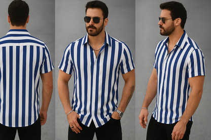 Blue & White Striped Short Sleeve Shirt