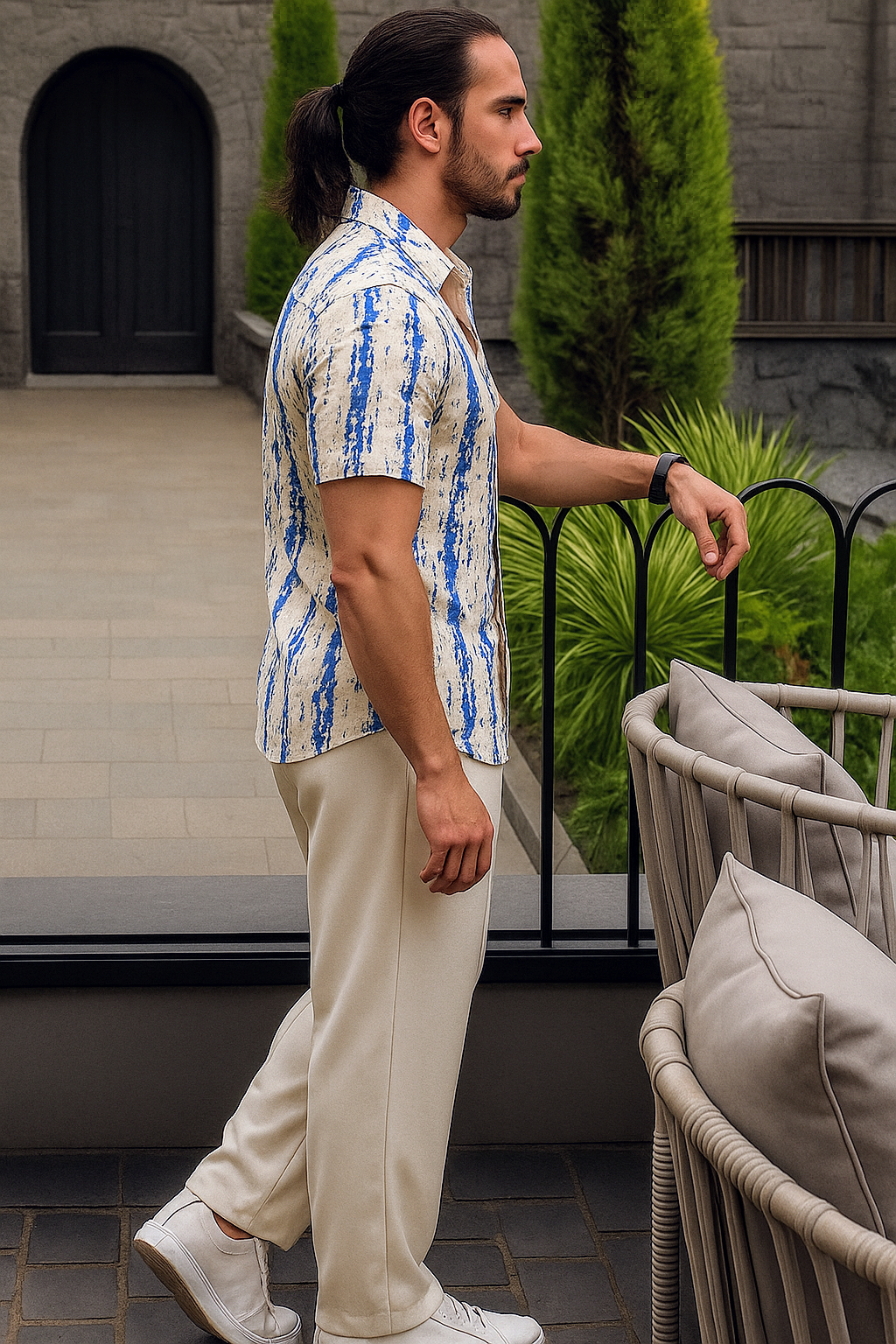 Men’s Abstract Distressed Stripe Button-Down – Navy & Oat Industrial Print Short-Sleeve Shirt