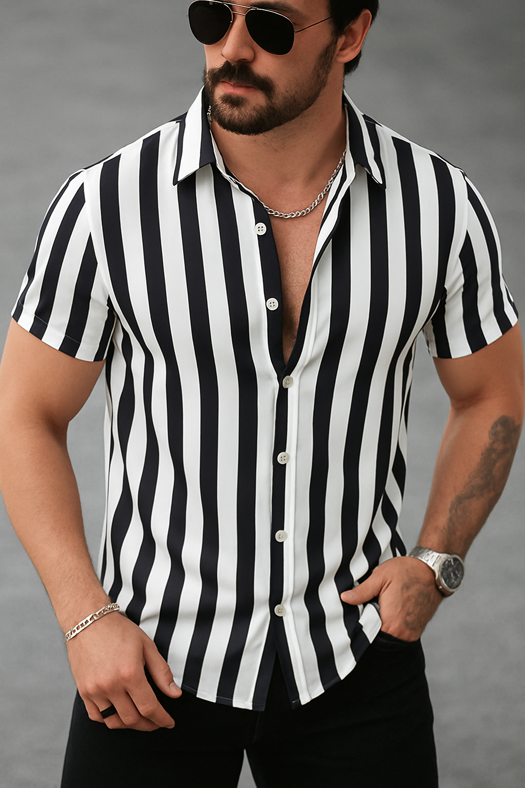 Black & White Striped Short Sleeve Shirt