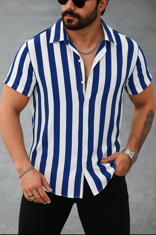 Blue & White Striped Short Sleeve Shirt