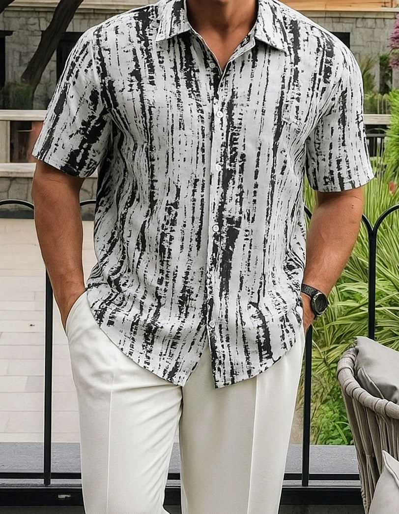 Men’s Monochrome Distressed Stripe Button-Down – Charcoal & Slate Grey Abstract Print Short-Sleeve Shirt