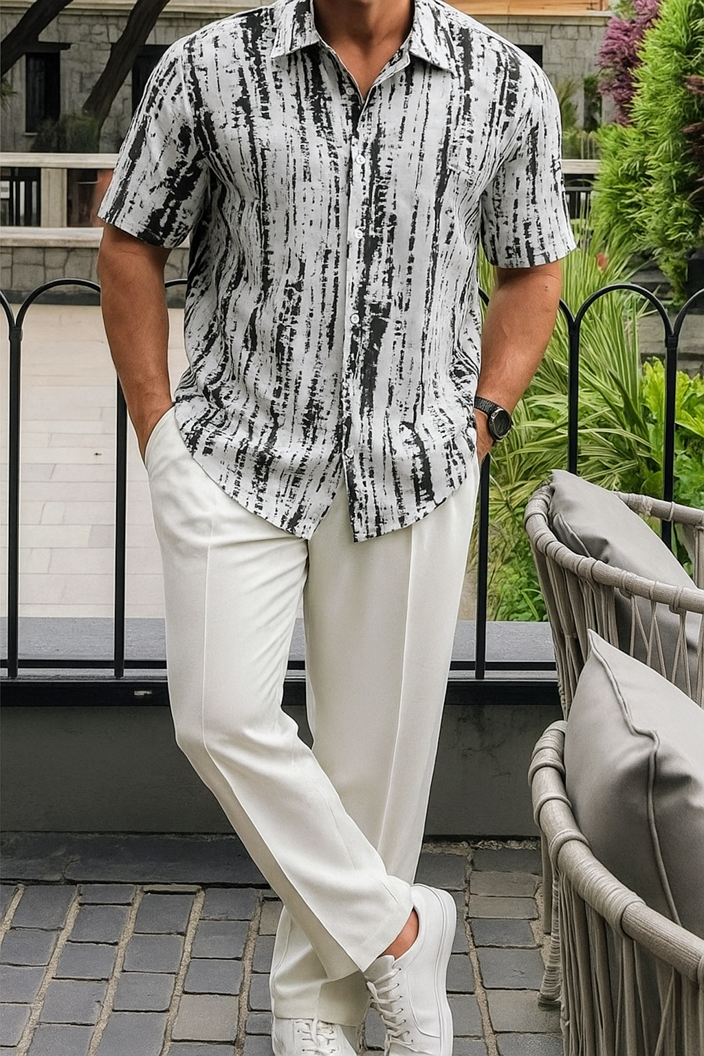 Men’s Monochrome Distressed Stripe Button-Down – Charcoal & Slate Grey Abstract Print Short-Sleeve Shirt