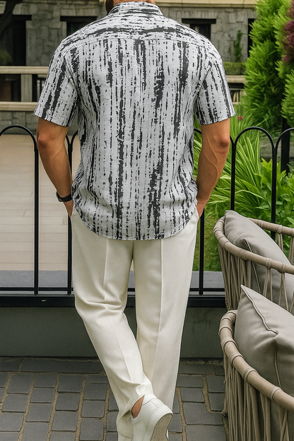 Men’s Monochrome Distressed Stripe Button-Down – Charcoal & Slate Grey Abstract Print Short-Sleeve Shirt