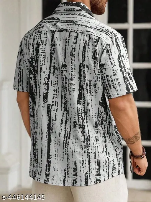 Men’s Monochrome Distressed Stripe Button-Down – Charcoal & Slate Grey Abstract Print Short-Sleeve Shirt