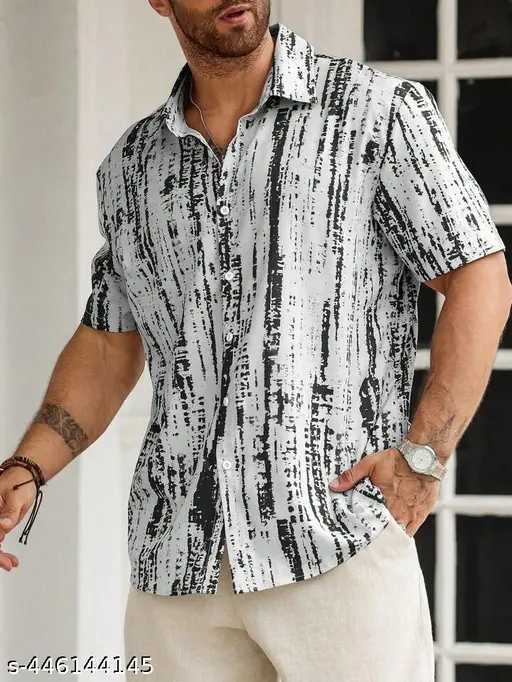Men’s Monochrome Distressed Stripe Button-Down – Charcoal & Slate Grey Abstract Print Short-Sleeve Shirt