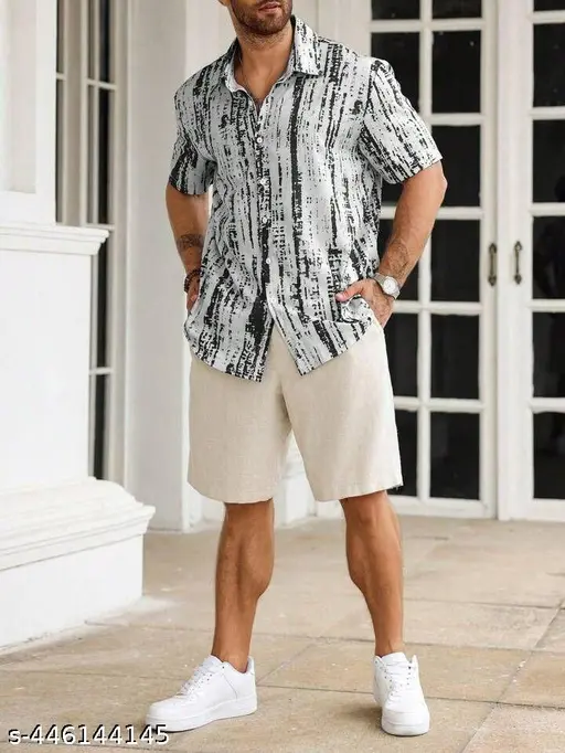 Men’s Monochrome Distressed Stripe Button-Down – Charcoal & Slate Grey Abstract Print Short-Sleeve Shirt