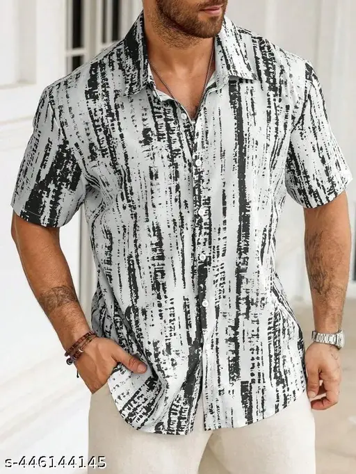 Men’s Monochrome Distressed Stripe Button-Down – Charcoal & Slate Grey Abstract Print Short-Sleeve Shirt