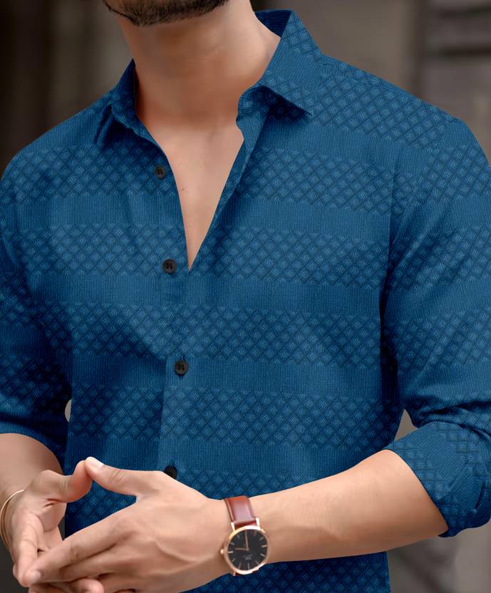 Men's Peacock Blue Jacquard Textured Slim Fit Shirt