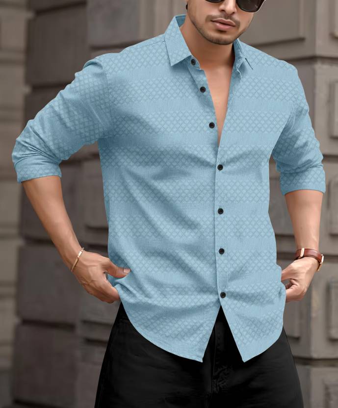 Men's Sky Blue Jacquard Textured Slim Fit Shirt